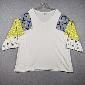 Cato Womens Top 18/20W White Waffle Knit Patchwork Sleeve V-Neck Boho Excellent